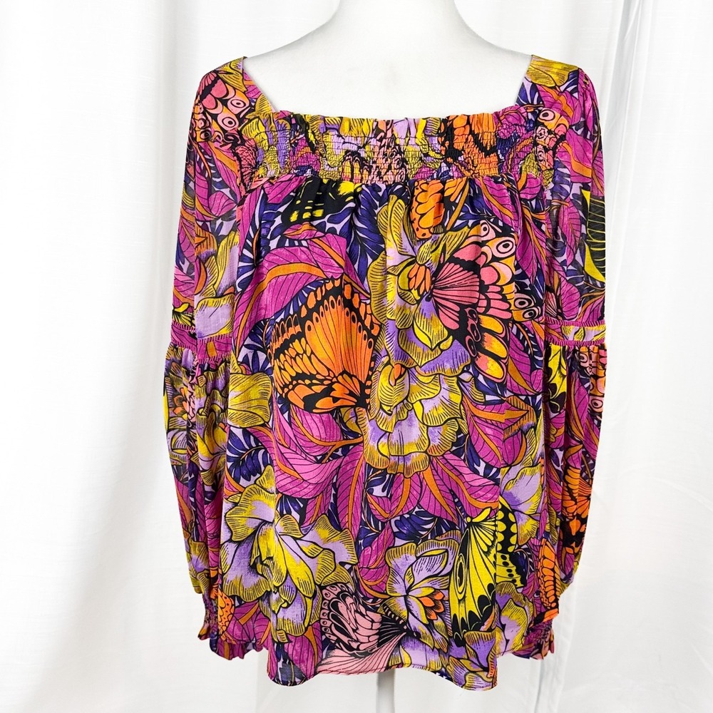 Anthropologie Alexandra Farmer Butterfly Floral Smocked Blouse Size S Boho EUC